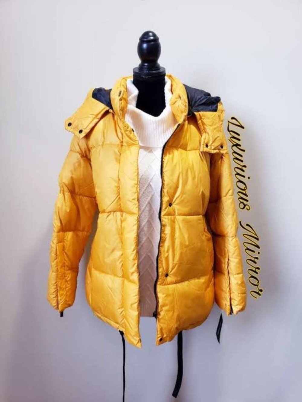 Steve Madden Women's Puffer Jacket Yellow Full Zip Hooded Mock Neck New Sz M
